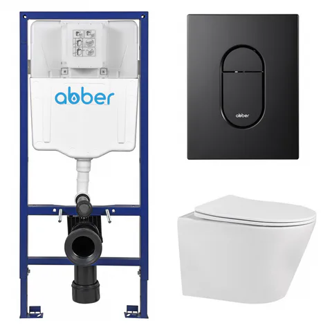 Комплект подвесной унитаз ABBER Bequem AC1102 белый с инсталляцией AC0108 и кнопкой AC0124MB черная матовая