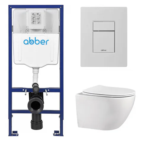Комплект подвесной унитаз ABBER Bequem AC1100 белый с инсталляцией AC0108 и кнопкой AC0123MW белая матовая