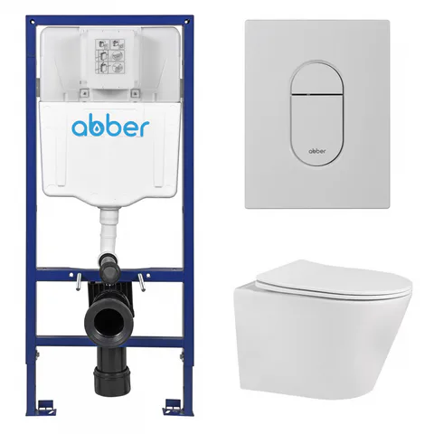 Комплект подвесной унитаз ABBER Bequem AC1102 белый с инсталляцией AC0108 и кнопкой AC0124MW белая матовая