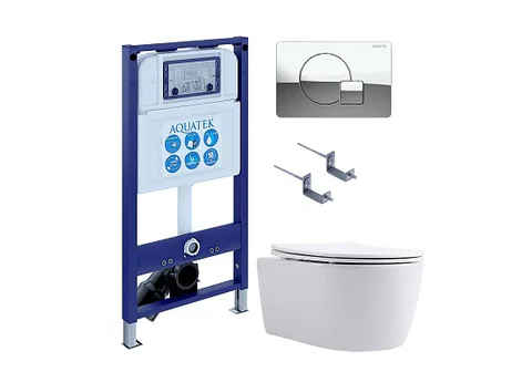 SET AQUATEK ЕВРОПА New-067 4в1 (рама AQUATEK INS-0000025 + крепление KKI-0000002 + кнопка KDI-0000067 + унитаз AQ1106L-00 + тонкое сиденье с механизмом c механизмом плавного закрывания)