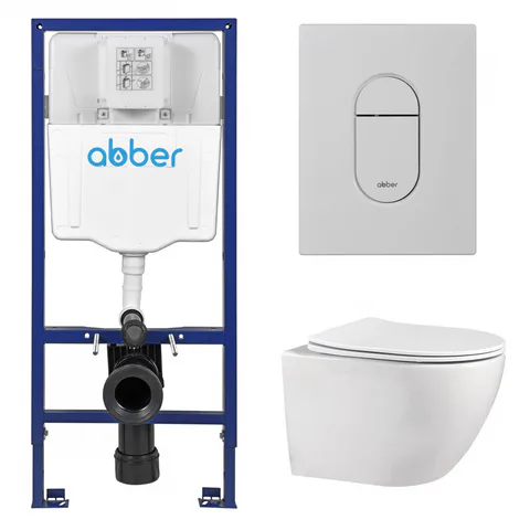 Комплект подвесной унитаз ABBER Bequem AC1100 белый с инсталляцией AC0108 и кнопкой AC0124MW белая матовая