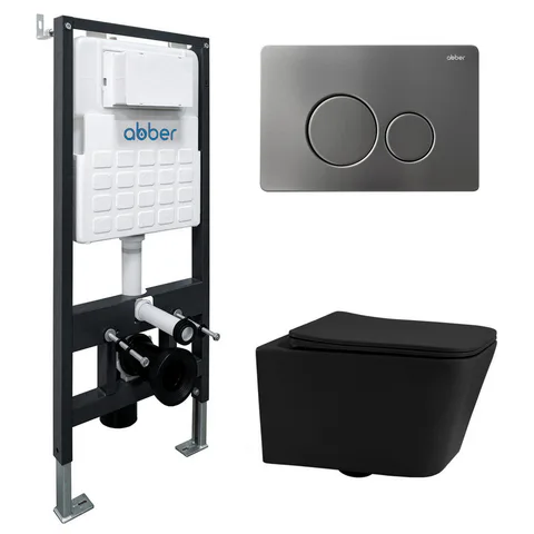 Комплект подвесной унитаз ABBER Rechteck AC1201MB черный матовый с инсталляцией AC0105 и кнопкой AC0121NG оружейная сталь