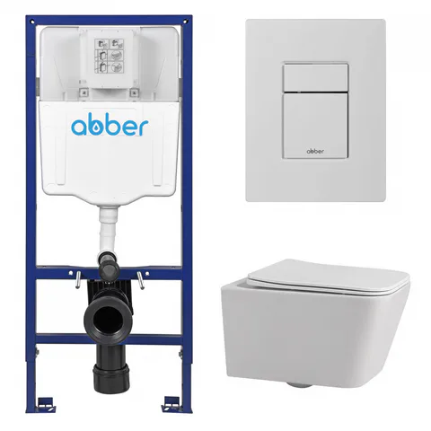 Комплект подвесной унитаз ABBER Rechteck AC1201 белый с инсталляцией AC0108 и кнопкой AC0123MW белая матовая