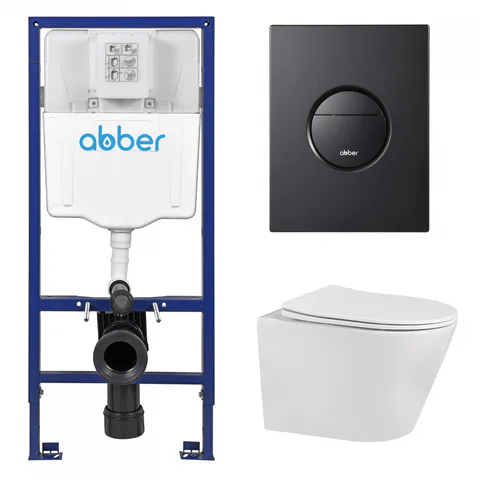Комплект подвесной унитаз ABBER Bequem AC1102 белый с инсталляцией AC0108 и кнопкой AC0126MB черная матовая