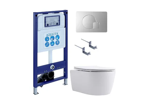 SET AQUATEK ЕВРОПА New-068 4в1 (рама AQUATEK INS-0000025 + крепление KKI-0000002 + кнопка KDI-0000068 + унитаз AQ1106L-00 + тонкое сиденье с механизмом soft close)