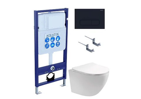 Комплект инсталляция + унитаз + кнопка + крепеж –Set AQUATEK ЕВРОПА (рама AQUATEK Standard INS-0000012 с звукоиз.прокладкой+крепеж KKI-0000002+кнопка KDI-0000017+унитаз AQ1901-00 с тонким сиденьем sc)
