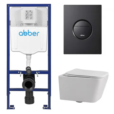 Комплект подвесной унитаз ABBER Rechteck AC1201 белый с инсталляцией AC0108 и кнопкой AC0126MB черная матовая