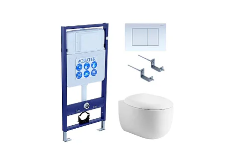 Комплект инсталляция + унитаз + кнопка + крепеж – Set AQUATEK АЛЬТАИР (рама AQUATEK Standard INS-0000012 с звукоиз.прокладкой+крепеж KKI-0000002+кнопкаKDI-0000009+унитаз АЛЬТАИР AQ1980-00 с крышкой-сиденьем soft-close)