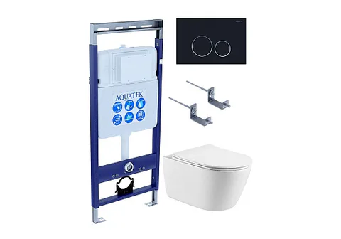 SET AQUATEK ОБЕРОН-020 4в1 (рама INS-0000010 + крепеж KKI-0000002 + клавиша KDI-0000020 + унитаз ОБЕРОН AQ1363W-00 с тонким сиденьем c механизмом плавного закрывания)
