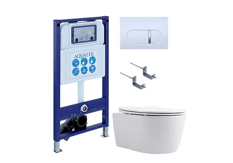 SET AQUATEK ЕВРОПА New-042 4в1 (рама AQUATEK INS-0000025 + крепление KKI-0000002 + кнопка KDI-0000042 + унитаз AQ1106L-00 + тонкое сиденье с механизмом soft close)