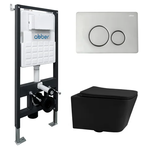 Комплект подвесной унитаз ABBER Rechteck AC1201MB черный матовый с инсталляцией AC0105 и кнопкой AC0121 хром