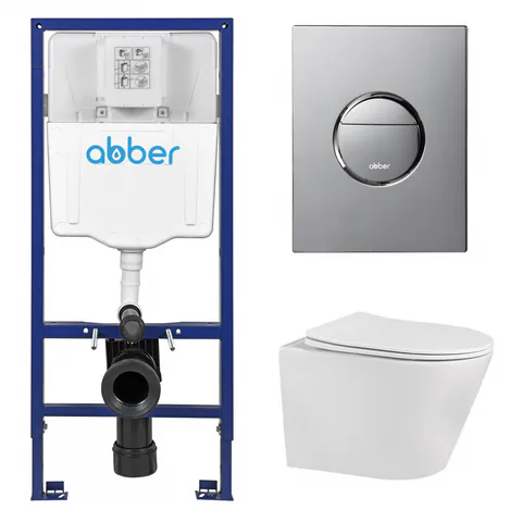Комплект подвесной унитаз ABBER Bequem AC1102 белый с инсталляцией AC0108 и кнопкой AC0126 хром глянцевый