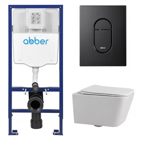 Комплект подвесной унитаз ABBER Rechteck AC1201 белый с инсталляцией AC0108 и кнопкой AC0124MB черная матовая