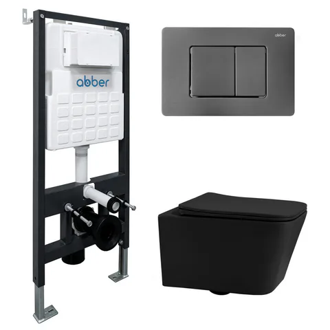 Комплект подвесной унитаз ABBER Rechteck AC1201MB черный матовый с инсталляцией AC0105 и кнопкой AC0120NG оружейная сталь