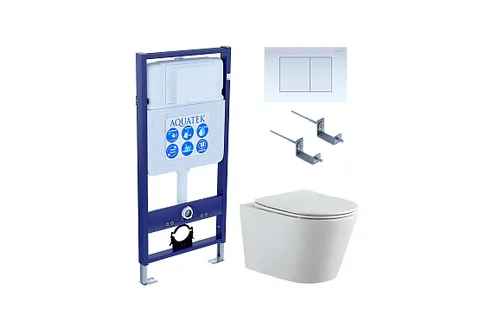 Комплект инсталляция + унитаз + кнопка + крепеж –Set AQUATEK ВЕГА (рама AQUATEK Standard INS-0000012 с звукоиз.прокладкой+крепеж KKI-0000002+кнопкаKDI-0000009+унитаз ВЕГА AQ1905-00 с крышкой-сиденьем soft-close)