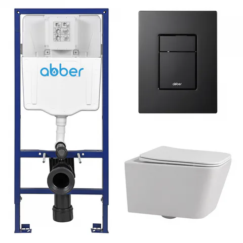 Комплект подвесной унитаз ABBER Rechteck AC1201 белый с инсталляцией AC0108 и кнопкой AC0123MB черная матовая