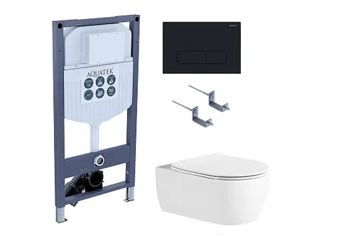 SET AQUATEK ЕВРОПА New-017/023 (рама AQUATEK INS-0000023 + крепление KKI-0000002 + кнопка KDI-0000017 + унитаз AQ1106L-00 с тонким сиденьем c механизмом плавного закрывания)