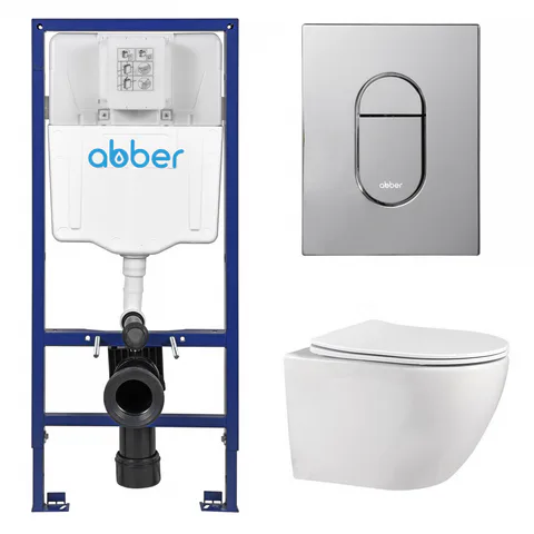 Комплект подвесной унитаз ABBER Bequem AC1100 белый с инсталляцией AC0108 и кнопкой AC0124 хром глянцевый