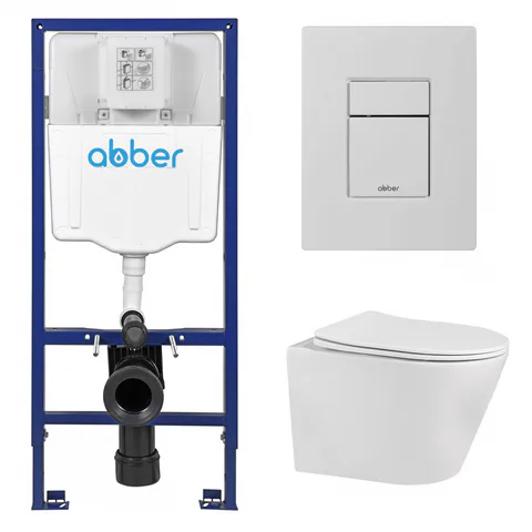 Комплект подвесной унитаз ABBER Bequem AC1102 белый с инсталляцией AC0108 и кнопкой AC0123MW белая матовая