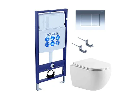 Комплект инсталляция + унитаз + кнопка + крепеж –Set AQUATEK ЕВРОПА (рама AQUATEK Standard INS-0000012 с звукоиз.прокладкой+крепеж KKI-0000002+кнопка KDI-0000010+унитаз AQ1190T-00 с тонким сиденьем sc)