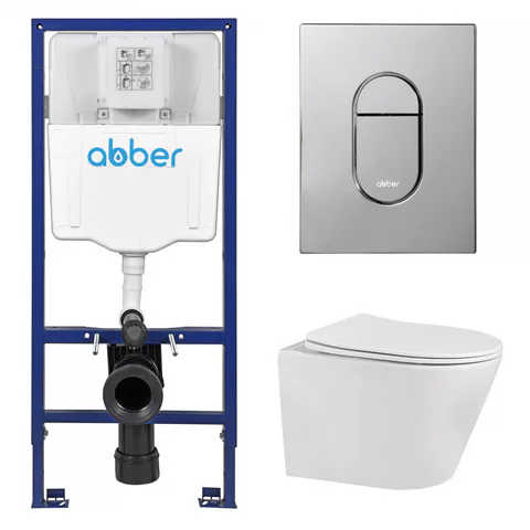 Комплект подвесной унитаз ABBER Bequem AC1102 белый с инсталляцией AC0108 и кнопкой AC0124 хром глянцевый