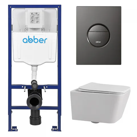 Комплект подвесной унитаз ABBER Rechteck AC1201 белый с инсталляцией AC0108 и кнопкой AC0126NG оружейная сталь