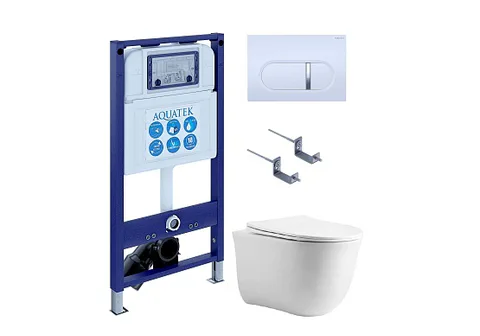 SET AQUATEK КЛАССИК cm-042 4в1 (рама AQUATEK INS-0000025 + крепление KKI-0000002 + кнопка KDI-0000042 + унитаз AQ1112-00 + тонкое сиденье с механизмом c механизмом плавного закрывания)