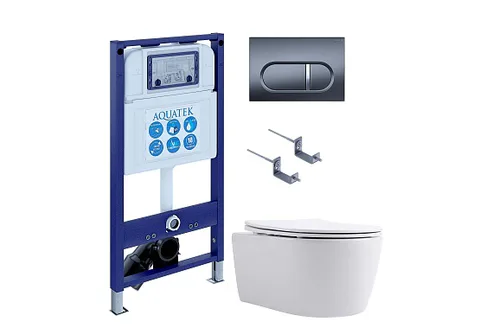 SET AQUATEK ЕВРОПА New-050 4в1 (рама AQUATEK INS-0000025 + крепление KKI-0000002 + кнопка KDI-0000050 + унитаз AQ1106L-00 + тонкое сиденье с механизмом soft close)