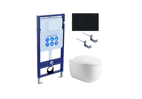 Комплект инсталляция + унитаз + кнопка + крепеж –Set AQUATEK АЛЬТАИР (рама AQUATEK Standard INS-0000012 с звукоиз.прокладкой+крепеж KKI-0000002+кнопкаKDI-0000012+унитаз АЛЬТАИР AQ1980-00 с крышкой-сиденьем soft-close)