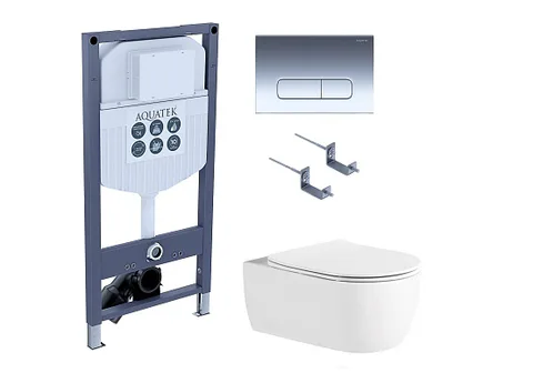 SET AQUATEK ЕВРОПА New-016/023 (рама AQUATEK INS-0000023 +крепление KKI-0000002 +кнопка KDI-0000016 +унитаз AQ1106L-00 с тонким сиденьем c механизмом плавного закрывания)