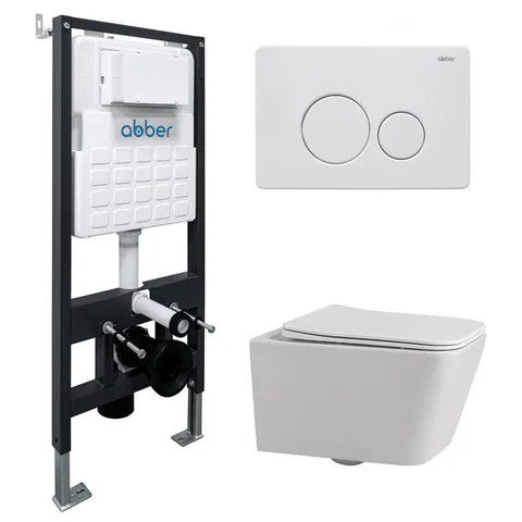 Комплект подвесной унитаз ABBER Rechteck AC1201 белый с инсталляцией AC0105 и кнопкой AC0121MW белая матовая