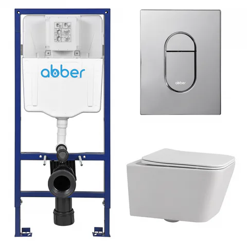 Комплект подвесной унитаз ABBER Rechteck AC1201 белый с инсталляцией AC0108 и кнопкой AC0124 хром глянцевый