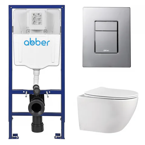 Комплект подвесной унитаз ABBER Bequem AC1100 белый с инсталляцией AC0108 и кнопкой AC0123 хром глянцевый