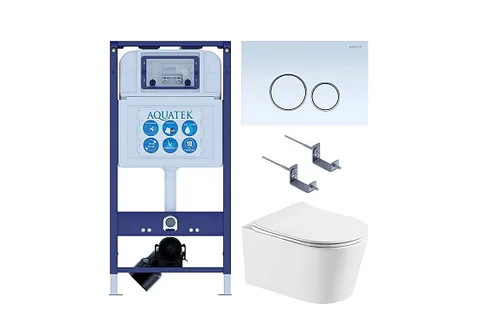 SET AQUATEK ОБЕРОН T-015 4в1 (рама INS-0000025 + крепеж KKI-0000002 + клавиша KDI-0000015 + унитаз AQ1365T-00 ОБЕРОН с тонким сиденьем с механизмом плавного закрывания)