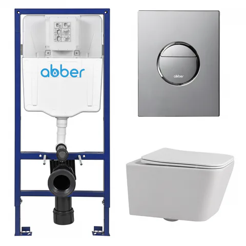 Комплект подвесной унитаз ABBER Rechteck AC1201 белый с инсталляцией AC0108 и кнопкой AC0126 хром глянцевый