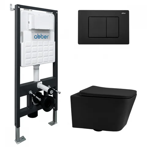 Комплект подвесной унитаз ABBER Rechteck AC1201MB черный матовый с инсталляцией AC0105 и кнопкой AC0120MB черный матовый