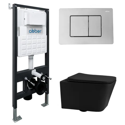 Комплект подвесной унитаз ABBER Rechteck AC1201MB черный матовый с инсталляцией AC0105 и кнопкой AC0120 хром