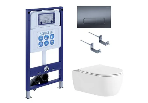 SET AQUATEK ЕВРОПА New-034 4в1 (рама AQUATEK INS-0000025 + крепление KKI-0000002 + кнопка KDI-0000034 + унитаз AQ1106L-00 +тонкое сиденье с механизмом плавного закрывания)