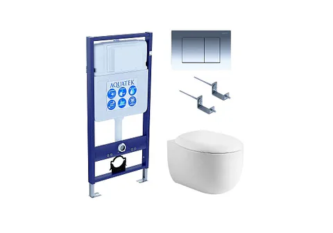 Комплект инсталляция + унитаз + кнопка + крепеж –Set AQUATEK АЛЬТАИР (рама AQUATEK Standard INS-0000012 с звукоиз.прокладкой+крепеж KKI-0000002+кнопкаKDI-0000010+унитаз АЛЬТАИР AQ1980-00 с крышкой-сиденьем soft-close)
