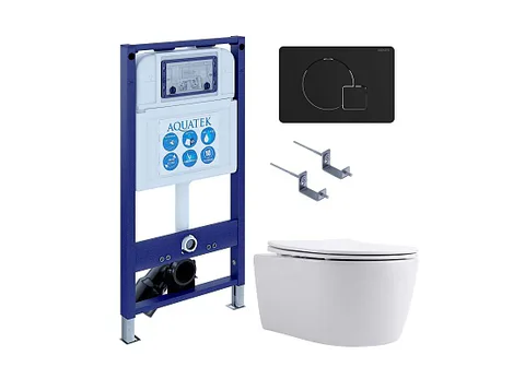SET AQUATEK ЕВРОПА New-069 4в1 (рама AQUATEK INS-0000025 + крепление KKI-0000002 + кнопка KDI-0000069 + унитаз AQ1106L-00 + тонкое сиденье с механизмом soft close)