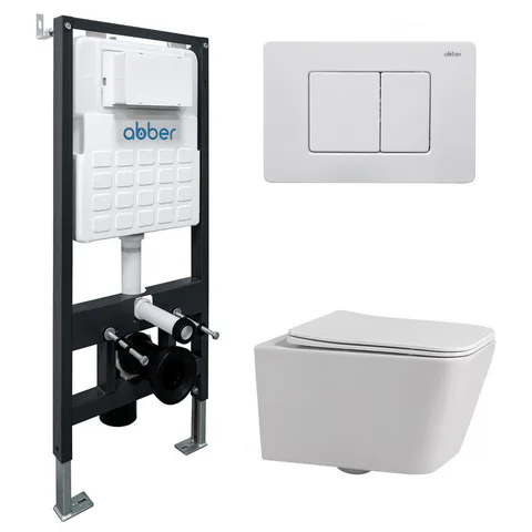 Комплект подвесной унитаз ABBER Rechteck AC1201 белый с инсталляцией AC0105 и кнопкой AC0120MW белая матовая