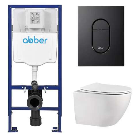 Комплект подвесной унитаз ABBER Bequem AC1100 белый с инсталляцией AC0108 и кнопкой AC0124MB черная матовая