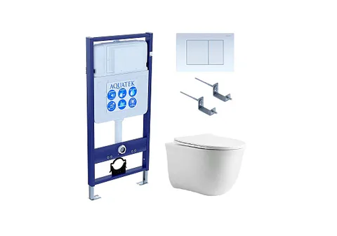 Комплект инсталляция + унитаз + кнопка + крепеж –Set AQUATEK КЛАССИК cm (рама AQUATEK Standard INS-0000012 с звукоиз.прокладкой+крепеж KKI-0000002+кнопкаKDI-0000009+унитаз КЛАССИК AQ1112-00 с крышкой-сиденьем soft-close)