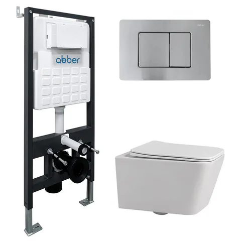 Комплект подвесной унитаз ABBER Rechteck AC1201 белый с инсталляцией AC0105 и кнопкой AC0120MCH матовый хром