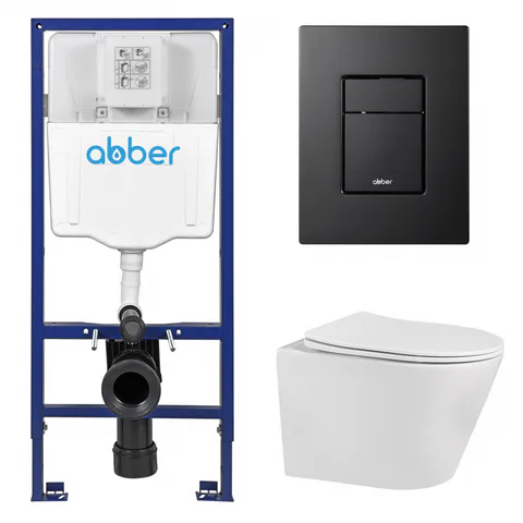 Комплект подвесной унитаз ABBER Bequem AC1102 белый с инсталляцией AC0108 и кнопкой AC0123MB черная матовая