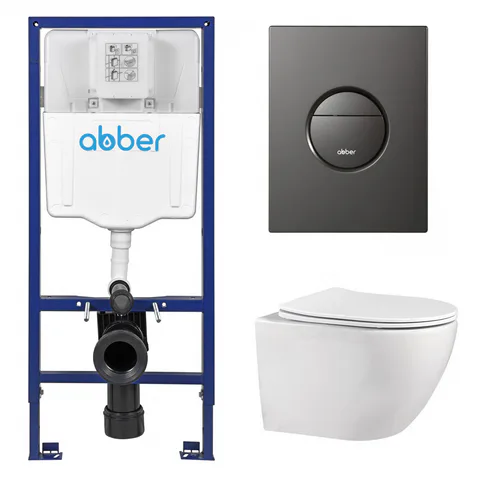 Комплект подвесной унитаз ABBER Bequem AC1100 белый с инсталляцией AC0108 и кнопкой AC0126NG оружейная сталь