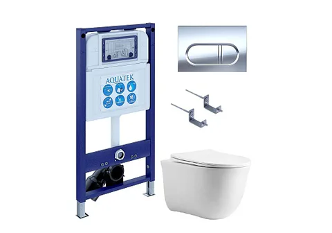 SET AQUATEK КЛАССИК cm-043 4в1 (рама AQUATEK INS-0000025 + крепление KKI-0000002 + кнопка KDI-0000043 + унитаз AQ1112-00 + тонкое сиденье с механизмом c механизмом плавного закрывания)