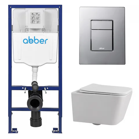 Комплект подвесной унитаз ABBER Rechteck AC1201 белый с инсталляцией AC0108 и кнопкой AC0123 хром глянцевый