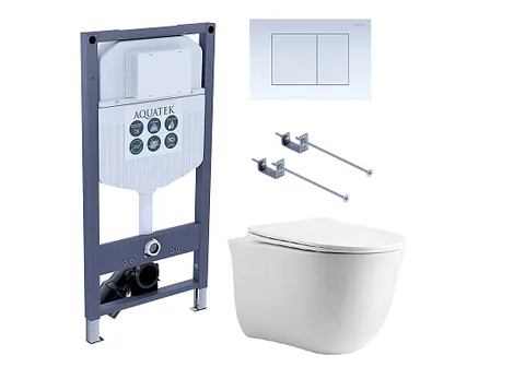 SET КЛАССИК cm-INS23-009 4в1 (рама AQUATEK INS-0000023 +крепеж KKI-0000001 +кнопка KDI-0000009 +унитаз AQ1112-00 с крышкой c механизмом плавного закрывания)