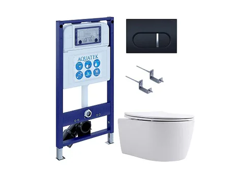 SET AQUATEK ЕВРОПА New-045 4в1 (рама AQUATEK INS-0000025 + крепление KKI-0000002 + кнопка KDI-0000045 + унитаз AQ1106L-00 + тонкое сиденье с механизмом soft close)